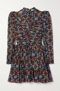 Siya Tiered Printed Silk And Lurex-blend Voile Mini Dress - Midnight blue