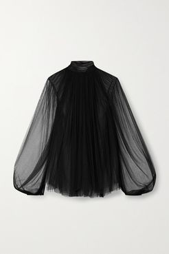 Gathered Silk-blend Tulle Top - Black