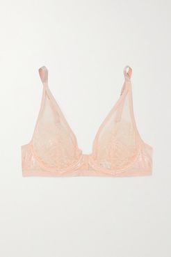 Embroidered Stretch-tulle Underwired Soft-cup Triangle Bra - Peach
