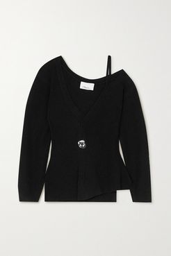Cold-shoulder Embellished Ribbed Wool-blend Sweater - Black