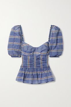 Ruched Striped Cotton And Silk-blend Organza Peplum Top - Blue