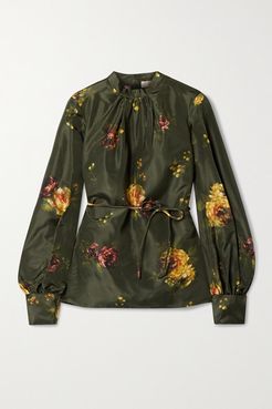 Open-back Floral-print Silk-taffeta Blouse - Army green