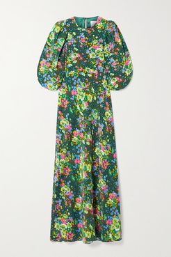Floral-print Silk Crepe De Chine Midi Dress - Dark green