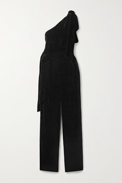 One-shoulder Velvet Jumpsuit - Black