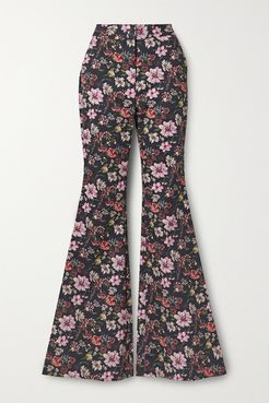 Floral-print Cotton-twill Flared Pants - Black