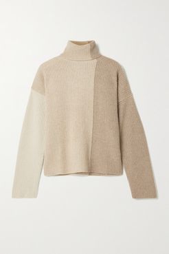 Color-block Ribbed Cashmere Turtleneck Sweater - Beige