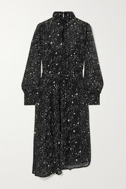 Solange Asymmetric Metallic Printed Plissé-chiffon Dress - Black