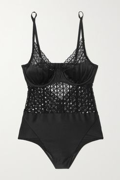 Macramé Lace, Stretch-silk Satin And Tulle Bodysuit - Black