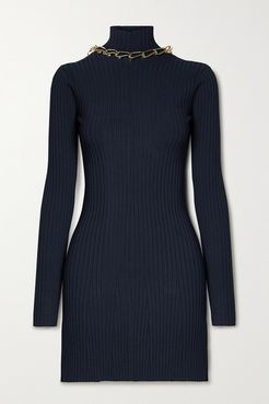 Chain-embellished Open-back Ribbed-knit Mini Dress - Midnight blue