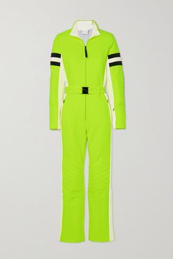 Cat Belted Striped Neon Stretch-ponte Ski Suit - Bright green