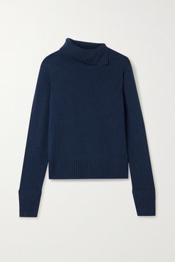 Pleated Satin-trimmed Cashmere Turtleneck Sweater - Navy