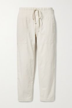 Cropped Jersey-trimmed Slub Cotton-blend Twill Tapered Pants - Ivory
