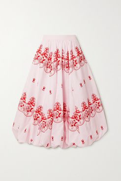 Gathered Embroidered Cotton-poplin Midi Skirt - Pink