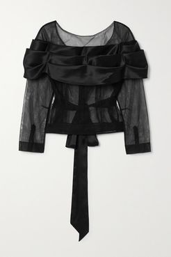 Tie-detailed Tulle And Silk-satin Top - Black