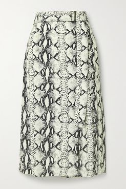 Belted Snake-print Crepe Midi Skirt - Beige