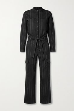 Zoot Belted Pinstriped Crepe Jumpsuit - Black