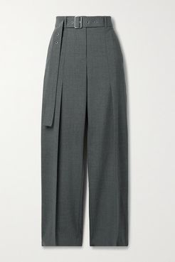 Belted Wool-blend Straight-leg Pants - Gray