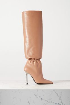 Ruched Leather Knee Boots - Brown