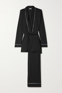 Gisele Belted Piped Stretch-modal Pajama Set - Black