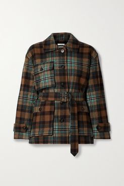 Belted Checked Wool-blend Twill Coat - Brown
