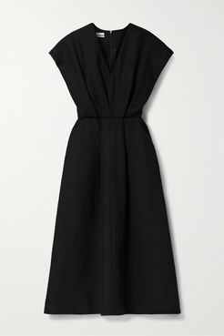 Pleated Twill Midi Dress - Black