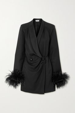 Feather-trimmed Wool-blend Twill And Satin Mini Dress - Black