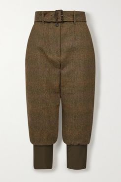 Cropped Belted Cotton-trimmed Checked Wool-tweed Tapered Pants - Army green