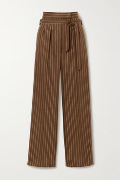 Lisotte Belted Pinstriped Wool-blend Wide-leg Pants - Brown