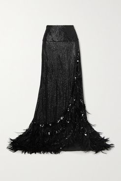 Feather-trimmed Sequined Crepe Maxi Skirt - Black