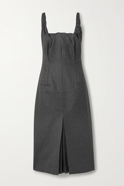 Ruched Pinstriped Wool-blend Midi Dress - Gray