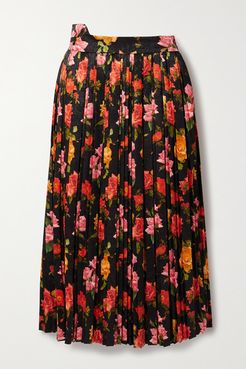 Fanny Pleated Floral-print Satin-jacquard Midi Skirt - Black