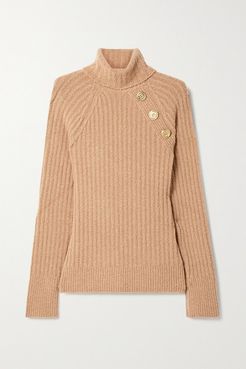 Button-embellished Ribbed Wool-blend Bouclé Turtleneck Sweater - Camel