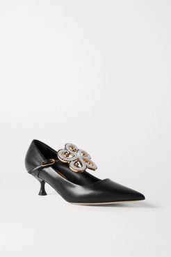 Faux Pearl-embellished Leather Pumps - Black