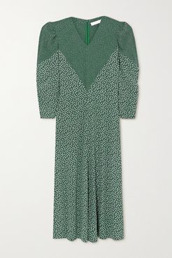 Paneled Printed Crepe Maxi Dress - Green