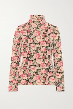 Floral-print Stretch-jersey Turtleneck Top - Pink