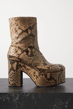 Snake-effect Leather Platform Ankle Boots - Beige
