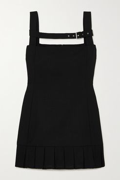 Buckled Pleated Wool Mini Dress - Black