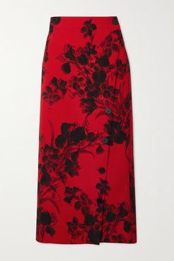 Floral-print Wool-crepe Midi Skirt - Red