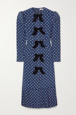 Bow-embellished Polka-dot Silk Crepe De Chine Midi Dress - Blue