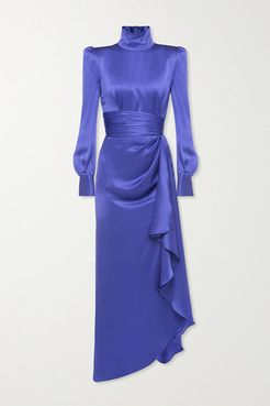 Draped Silk-satin Turtleneck Gown - Blue