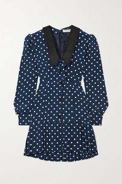 Bow-detailed Pleated Polka-dot Silk Mini Dress - Blue