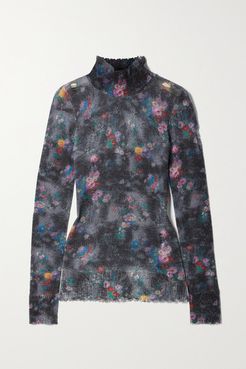 Distressed Floral-print Cashmere Turtleneck Sweater - Black