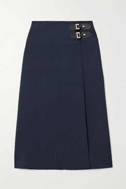 Volada Leather-trimmed Woven Wrap Skirt - Navy