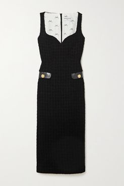 Faux Leather-trimmed Wool-blend Tweed Midi Dress - Black