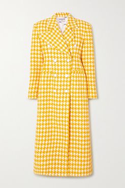 Double-breasted Houndstooth Tweed Coat - Yellow
