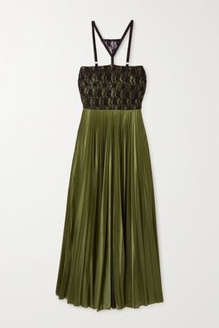 Lace-paneled Pleated Satin Maxi Dress - Green