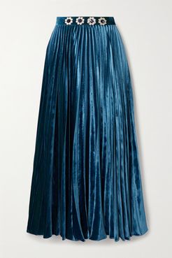 Crystal-embellished Pleated Velvet Midi Skirt - Blue