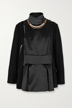 Leather-trimmed Embellished Paneled Wool And Shell Jacket - Black