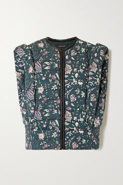 Adiena Faux Leather-trimmed Quilted Floral-print Cotton Vest - Dark green