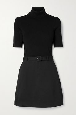 Belted Ribbed Merino Wool-blend And Twill Turtleneck Mini Dress - Black